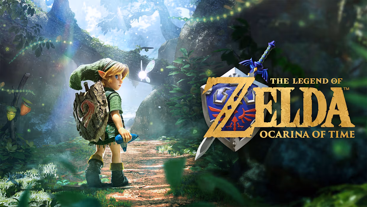 The Legend of Zelda: Ocarina of Time key art: young Link in a forest, holding the ocarina